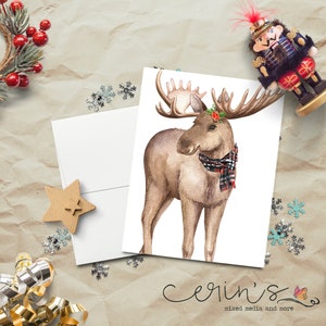 Watercolor Moose in Full Christmas Card~Woodland Animal Christmas Card~Moose with Holly and a Scarf~Moose Gifts~Moose Holiday Invites