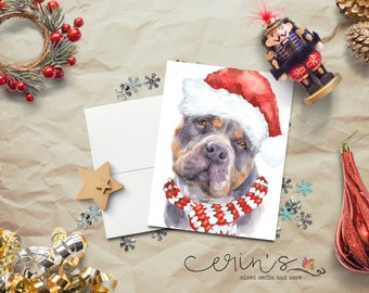 Painted Pit Bull Christmas Card~Warm and Cozy Holiday Dog Cards~Canine Stationery~Gift for Pittie Mom