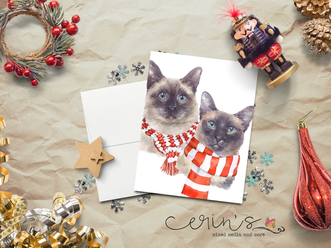 14-Pack Cat Christmas Cards With Non-Flake Glitter - Santa Hat Beach Theme Holiday Greeting Cards