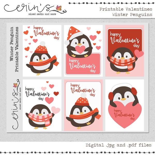 Printable Winter Penguin Valentine Cards~Penguin Classroom Valentines~Animal Love Print and Cut Cards~Valentines for Kids~Happy Valentines