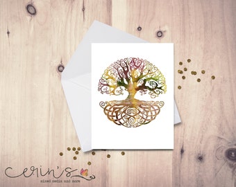Brown Celtic Tree of Life Watercolor Blank Knot work Card~Hand Drawn Nature Greeting Cards