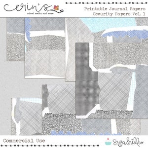Könnte beinhalten: Druckbare Journal-Papiere mit Sicherheitsmotiv. Die Papiere sind im Collage-Stil mit verschiedenen Texturen und Mustern. Die Papiere sind in Grautönen und Blau.