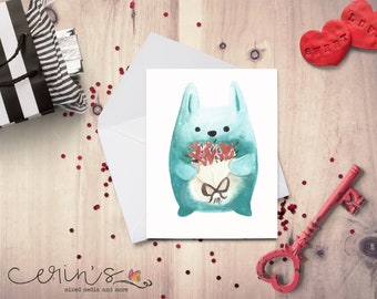 Watercolor Bunny Love Card~Woodland Animal Valentine~Hand Painted Animal Cards~Blue Bunny Anniversary Card~Cute Bunny Gifts