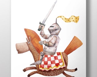 Watercolor Knight Riding Away~Castle Life Wall Art~Brave Knight Canvas~Kids Room Decor~Knight Gifts