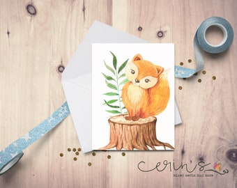 Baby Fox Watercolor Note Card~Kids Stationery~LIttle Fox Collection