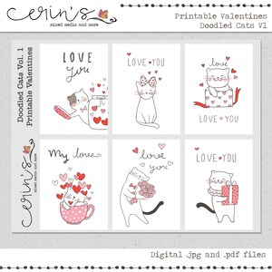 Printable Kitty Valentine Cards~Doodle Cat Classroom Valentines~Kitten Love Print and Cut Cards~Valentines for Kids