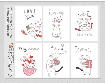 Printable Kitty Valentine Cards~Doodle Cat Classroom Valentines~Kitten Love Print and Cut Cards~Valentines for Kids