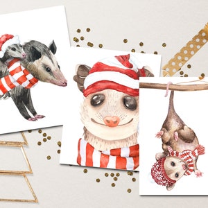 Christmas Opossum Note Card Set~Holiday Notecards 3 Card Set~100% Recycled~Watercolor Possum Cards~Opossum Gifts~Woodland Animal Lover Gift