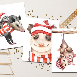 Christmas Opossum Note Card Set~Holiday Notecards 3 Card Set~100% Recycled~Watercolor Possum Cards~Opossum Gifts~Woodland Animal Lover Gift