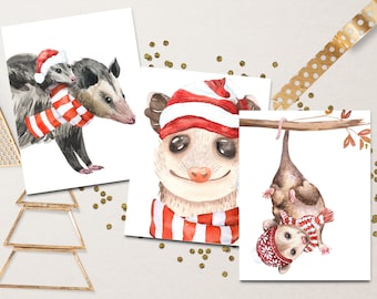 Christmas Opossum Note Card Set~Holiday Notecards 3 Card Set~100% Recycled~Watercolor Possum Cards~Opossum Gifts~Woodland Animal Lover Gift