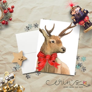 Watercolor Christmas Buck Card~Woodland Animal Christmas Card~Deer in a Santa Hat Card