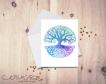 Blue Tree of Life Watercolor Blank Knot work Card~Celtic Nature Greeting Cards~Rainbow Tree of Life