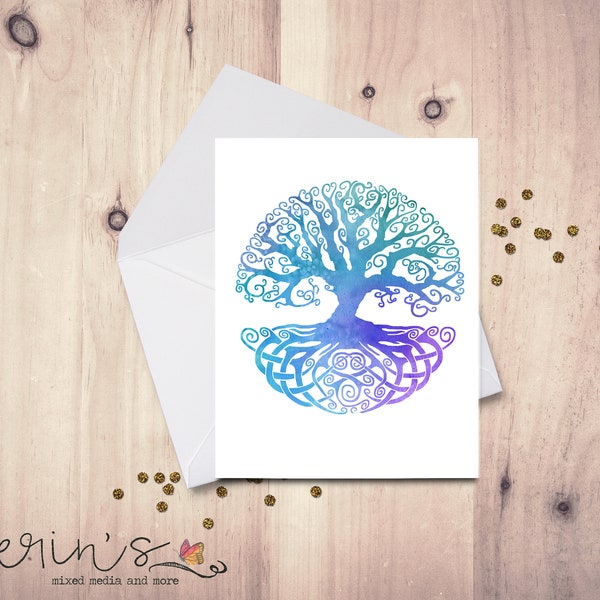 Blue Tree of Life Watercolor Blank Knot work Card~Celtic Nature Greeting Cards~Rainbow Tree of Life