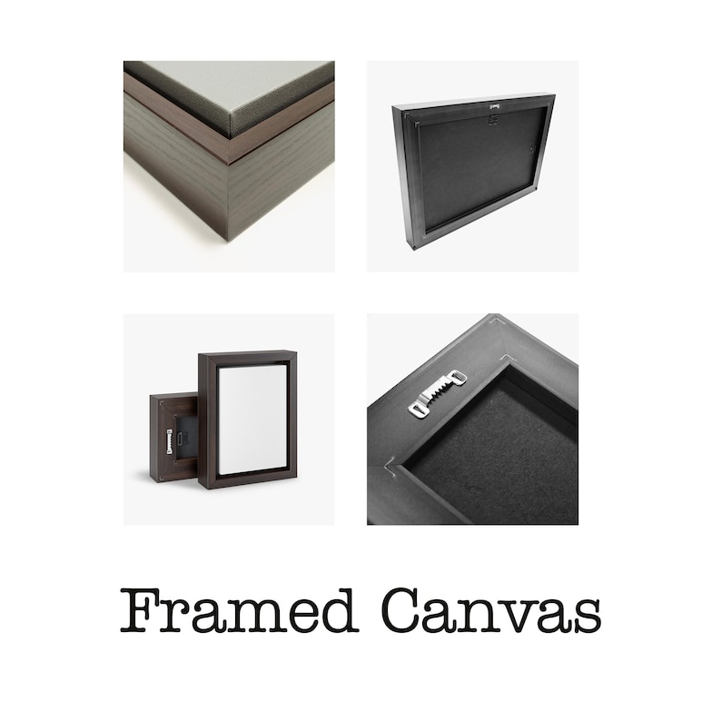 May include: A framed canvas with a dark brown wood frame. The canvas is stretched over a wooden frame and has a black backing. The frame has a hanging wire on the back.