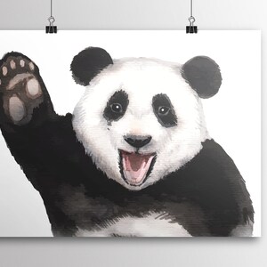 Waving Panda Watercolor Print~Nursery Panda Canvas~Animal Wall Art~Cute Baby Animal Art Print~Zoo Animal Canvas~Gift for Baby Shower
