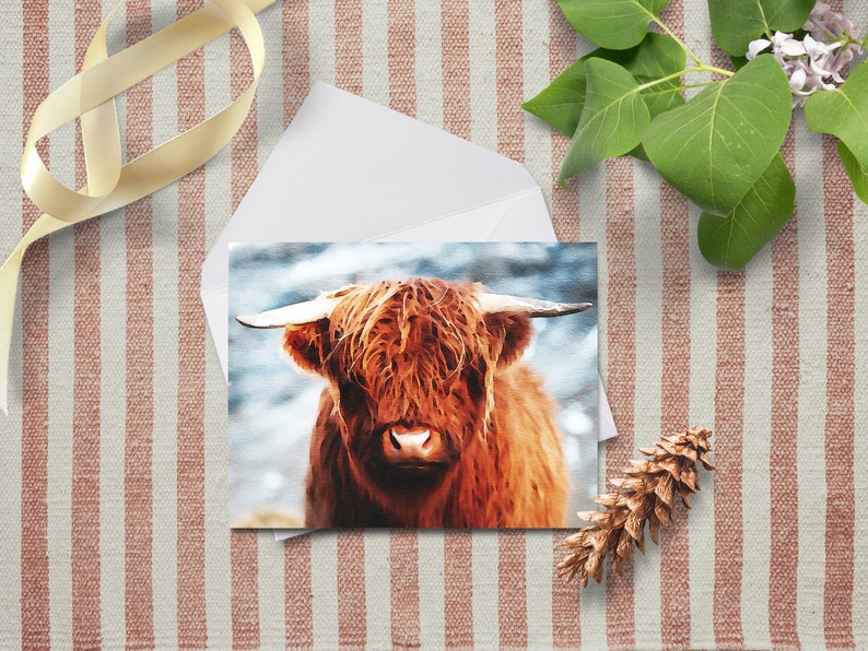 Watercolor Shaggy Cow Note Cards~Cow in the Mountains Note Cards~Single Painted Highland Cow Greeting Card