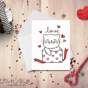 Love Kitty Greeting Card~Valentine&#39;s Day Card for Cat Lover~Hand Drawn Valentine Card~Cards for Kids~Kitty Cards