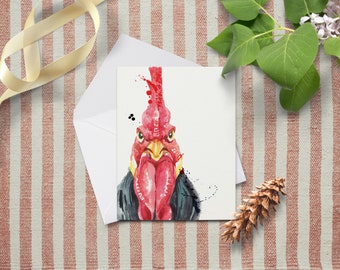 Cheeky Rooster Farmhouse Notecard~Rustic Watercolor Animal Greeting Cards~Chicken Gifts