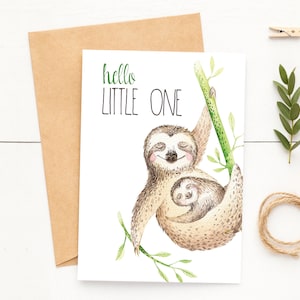 5x7 Watercolor Sloth Baby Shower Greeting Card~Hello Little One Baby Sloth Notecard~Mom and Baby Animal Cards~Gift for New Mom~Baby Animals