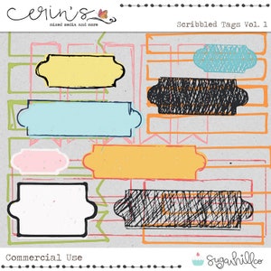 May include: A set of six hand-drawn digital scrapbook tags with a variety of shapes and colors. The tags are labeled "Scribbled Tags Vol. 1" and are for commercial use.