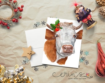 Guernsey Cow with Holly Christmas Card~Farm Animal Holiday Stationery~Brown Christmas Cow Card~Cow Gifts