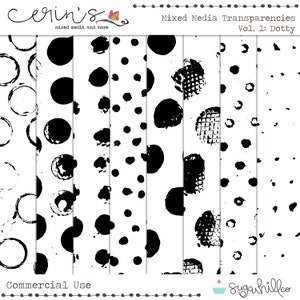Puede incluir: Un conjunto de ocho patrones de papel digital en blanco y negro con varios diseños de puntos. Los patrones se titulan "Transparencias de Medios Mixtos Vol. 1: Dotty".