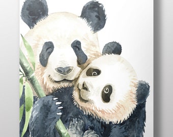 Mama and Baby Panda Snuggling Print~Watercolor Panda Canvas~Animal Wall Art~Nursery Art Print~Zoo Animal Canvas~Panda Gifts