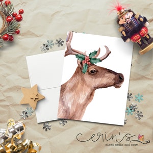 Watercolor Caribou Christmas Card~Watercolor Reindeer Christmas Card~Deer with Holly
