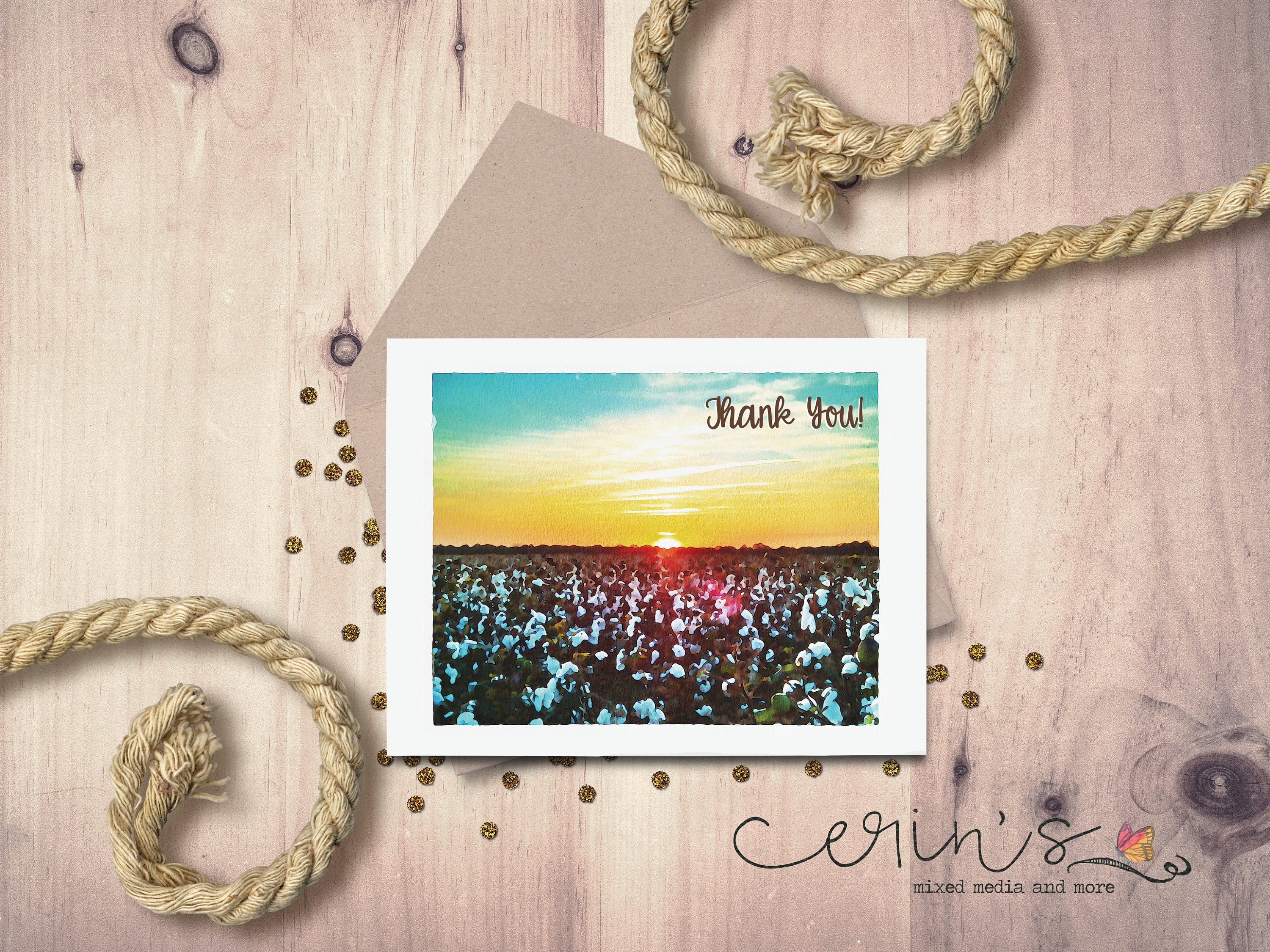 Tarjetas de agradecimiento con amanecer en los campos de algodón del oeste  ~ Tarjetas con acuarela ~ Tarjetas con la vida en granjas y ranchos ~  Tarjetas de felicitación rústicas del oeste ~, image size:3000x2250