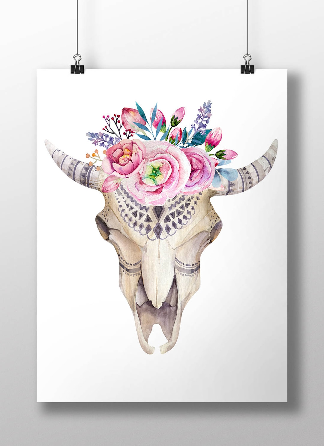 Floral Cow Skull Wall Art~watercolor Boho Skull~flowers and Feathers ...