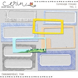 Op de afbeelding: Een set van 10 digitale printbare envelopframes in verschillende kleuren en patronen, waaronder blauw, geel, grijs en bruin. De frames zijn ontworpen met een vintage, rustieke esthetiek en zijn perfect om een unieke touch aan je projecten toe te voegen.  Envelop Frames Vol. 1. Commercieel gebruik.