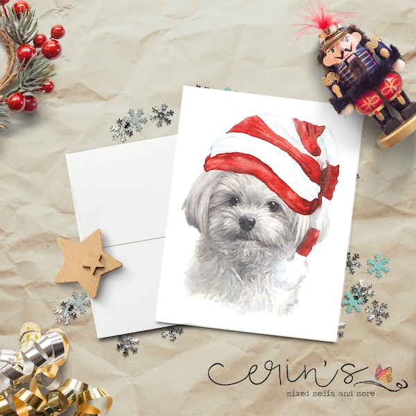 Watercolor Matlese Christmas Card~Warm and Cozy Holiday Little Dog Cards~Canine Stationery