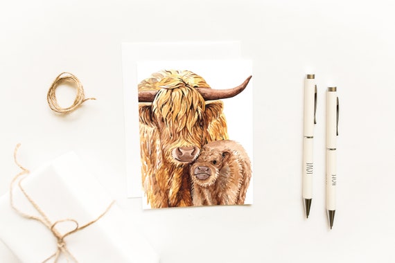 Close Up Mama and Baby Highland Cow Card~Watercolor Shaggy Cow Notecard~Baby Farm Animal Greetings~Rustic Thank You Cards~Baby Shower Notes