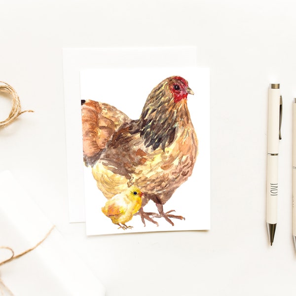 Watercolor Hen and Chicks Farmhouse Notecard~Rustic Farm Animal Greeting Cards~Chicken Blank Cards~Crazy Chicken Lady Gift~Mama Hen Gifts