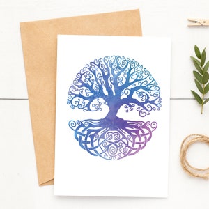 5x7 Tree of Life Card~Blue and Purple Watercolor Tree Notecard~Celtic Tree Greetings~Pretty Colorful Cards