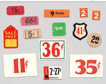 Cartellini dei prezzi vintage Vol2~Diario spazzatura colorato Ephemera~Elementi digitali per uso commerciale di alta qualità~Etichette e cartellini per scrapbooking digitale