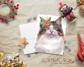 Festive Norwegian Forest Cat Holiday Card~Warm and Cozy Christmas Cat Cards~Feline Stationery~Gift for Cat Lady~Big Pretty Kitties