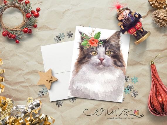 Festive Norwegian Forest Cat Holiday Card~warm and Cozy Christmas