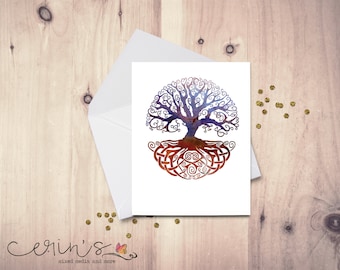 Brown and Purple Celtic Tree of Life Watercolor Blank Knot work Card~Hand Drawn Nature Greeting Cards