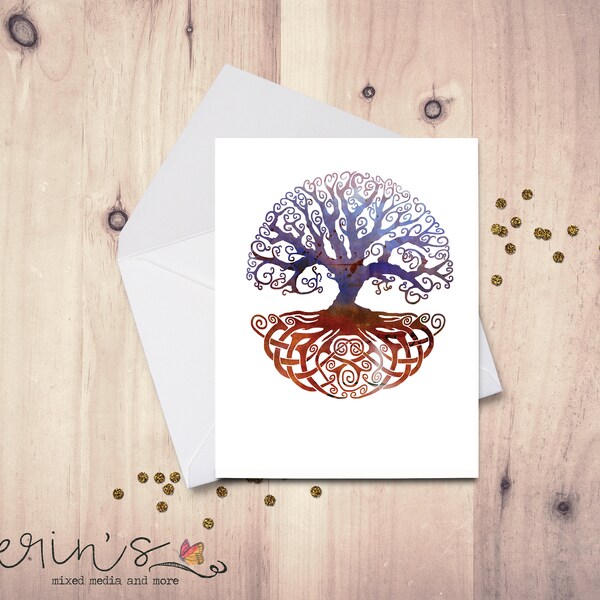 Brown and Purple Celtic Tree of Life Watercolor Blank Knot work Card~Hand Drawn Nature Greeting Cards
