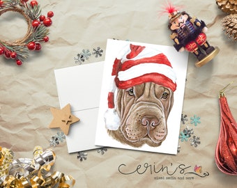 Watercolor Shar-Pei Christmas Card~Warm and Cozy Holiday Dog Cards~Canine Stationery