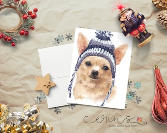 Watercolor Chihuahua Christmas Card~Warm and Cozy Holiday Dog Cards~Canine Stationery