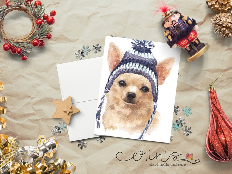 Watercolor Chihuahua Christmas CardWarm and Cozy Holiday Dog CardsCanine Stationery image 1