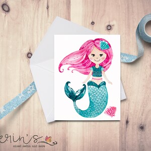 Pink Haired Mermaid Blank Note Card~Cute Watercolor Mermaid Cards~Gift for Mermaid Lover~Redhead Mermaid~Mermazing Gifts~Mermaid Thank You