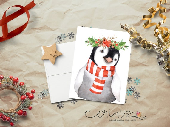 Watercolor Christmas Penguin Christmas Card~Pet Christmas Card