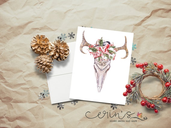 Boho Painted Deer Skull Christmas Greeting Cardfarmhouse Etsy