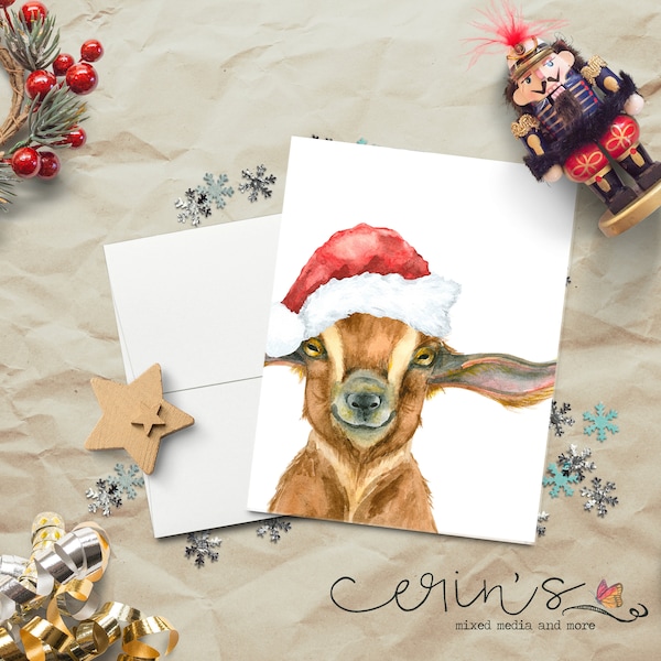 Watercolor Santa Baby Goat Christmas Card