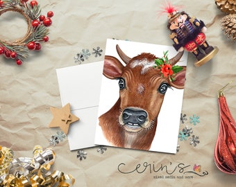 Horned Jersey Cow with Holly Christmas Card~Farm Animal Holiday Stationery~Brown Christmas cow Card