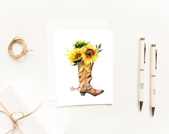 Rustic Cowboy Boot Sunflower Note Cards, Western Greeting Notes