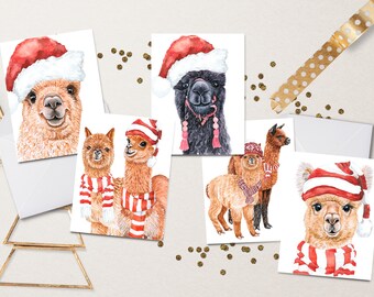 Christmas Alpacas Card Set~Painted Christmas Cards~Recycled Gift Set~Alpaca Gifts~Notecards for the Holidays~Alpaca Mama Mixed Card Set